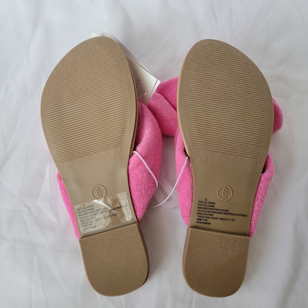 Shade & Shore Tulip Pink Fuzzy Bow Terry Cloth Slide Flip Flop Sandals - Picture 5 of 11